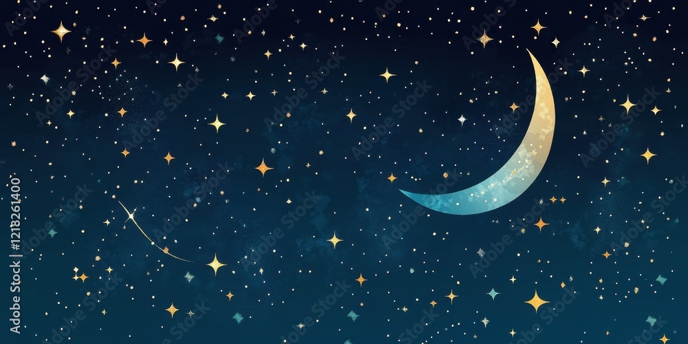 Naklejka premium Crescent Moon and Golden Stars Night Sky