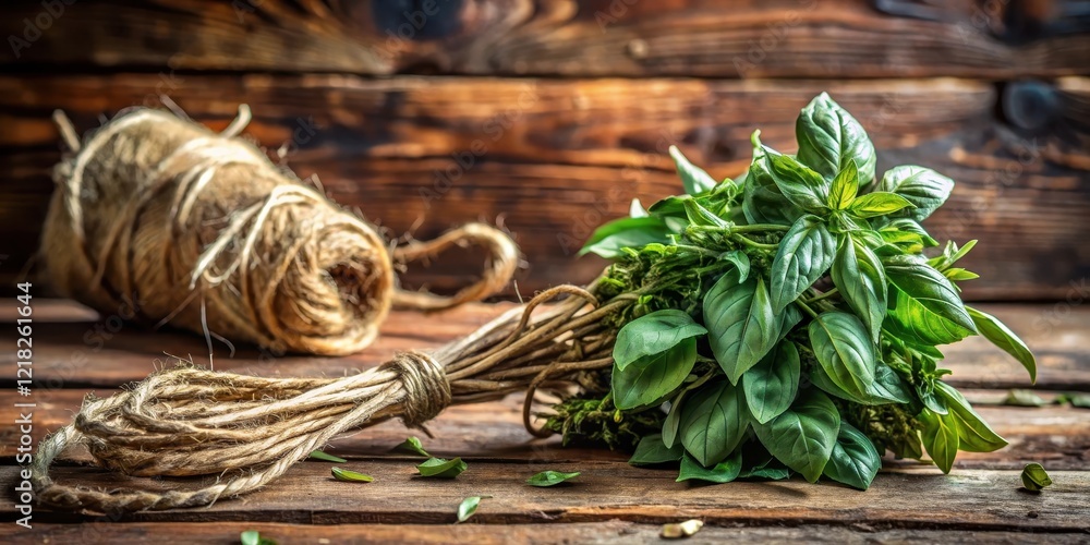 Obraz premium Aromatic bundle of dried basil leaves tied with twine in a natural setting with earthy textures, spice, dried, spice, dried