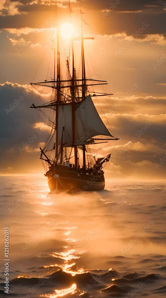 An old sailing ship with high masts, its weathered wood glowing under a golden sunset An old sailing ship with high masts, its weathered wood glowing under a golden sunset