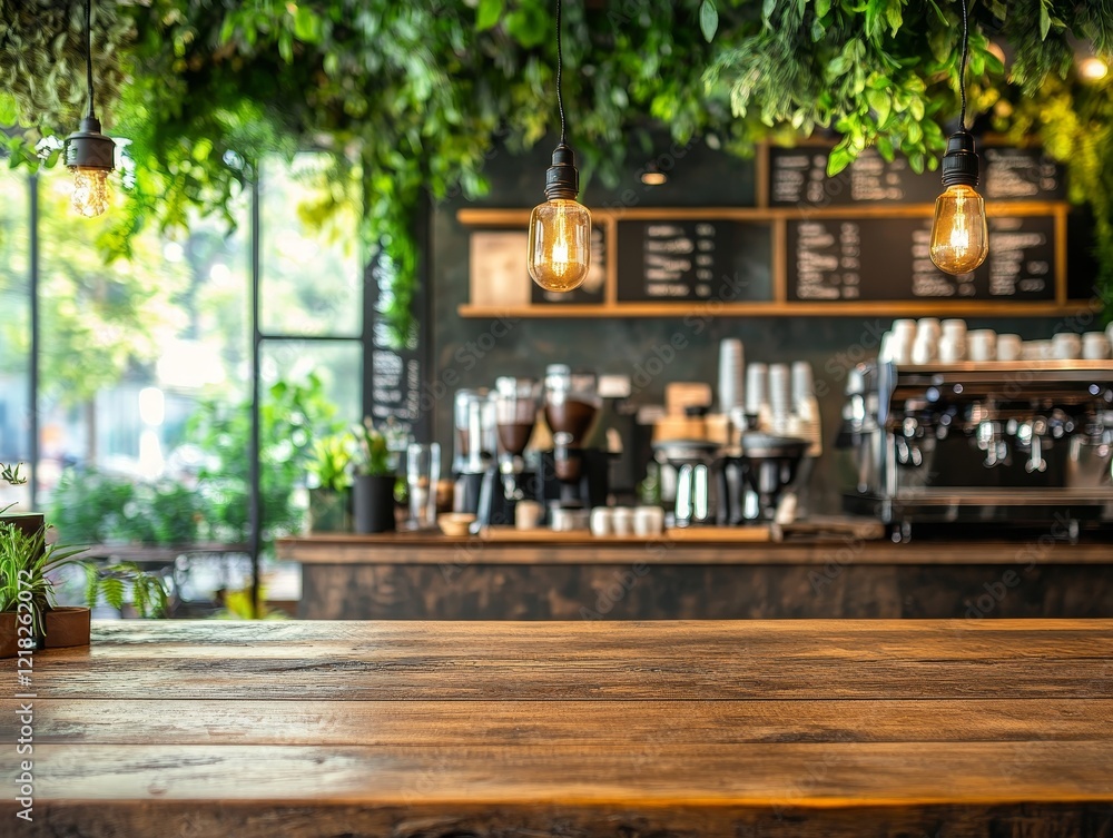 Rustic wooden table in a trendy cafe with hanging plants and Edison bulbs.