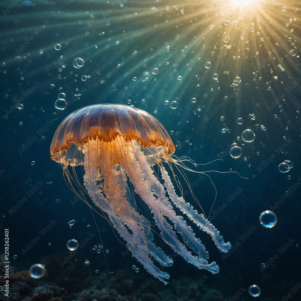 A jellyfish surrounded by sparkling bubbles and light beams. A jellyfish surrounded by sparkling bubbles and light beams.