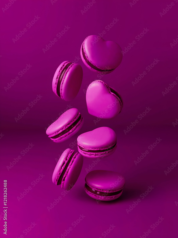 Valentine's Day, Magenta Theme: A vibrant scene of heart-shaped magenta macarons, a popular French dessert, suspended in mid-air against a seamless vibrant magenta background Valentine's Day, Magenta Theme: A vibrant scene of heart-shaped magenta macarons, a popular French dessert, suspended in mid-air against a seamless vibrant magenta background