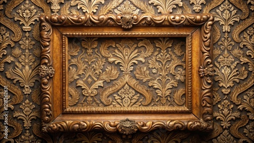 Old wooden frame with intricate carvings placed on a luxurious damask-patterned fabric background   ornate  textiles   ornate