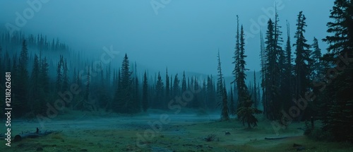 Wallpaper Mural Serene misty forest landscape at dawn with tall trees and fog enveloping the tranquil scene Torontodigital.ca