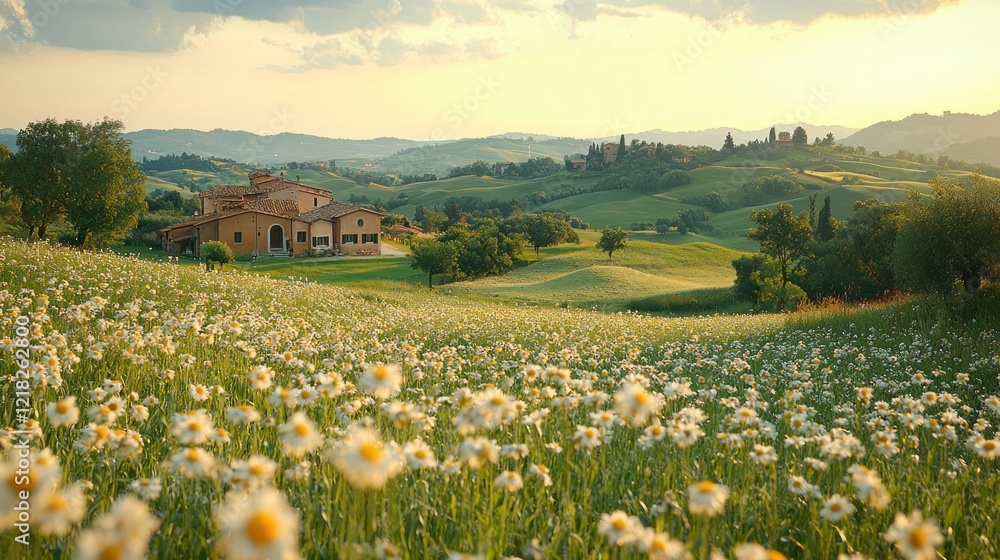 Fototapeta premium A serene Tuscan landscape at golden hour with blooming chamomile and charming villa