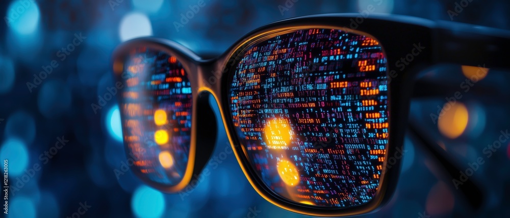Digital Vision: Close-up of eyeglasses reflecting lines of binary code, set against a bokeh background of vibrant blue and warm orange lights. The image evokes a sense of mystery, technology. Digital Vision: Close-up of eyeglasses reflecting lines of binary code, set against a bokeh background of vibrant blue and warm orange lights. The image evokes a sense of mystery, technology.