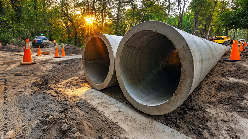 Construction scene with two large concrete pipes surrounded by earth and traffic cones, illustrating urban development Construction scene with two large concrete pipes surrounded by earth and traffic cones, illustrating urban development