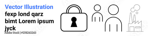 Large padlock with keyhole, two human figures, industrial factory emitting vapors. Ideal for cybersecurity, privacy, data protection, community safety, industry security, technology network safety