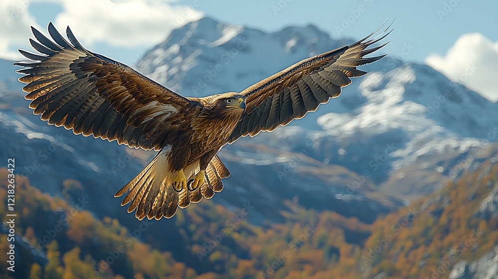 Golden Eagle Soaring: Majestic golden eagle in flight, wings outstretched against a backdrop of snow-capped mountains and autumnal forests. A breathtaking display of power and freedom. Golden Eagle Soaring: Majestic golden eagle in flight, wings outstretched against a backdrop of snow-capped mountains and autumnal forests. A breathtaking display of power and freedom.