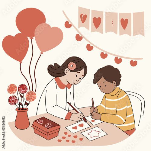 Valentine day girl and boy working
