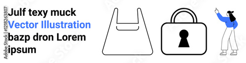 Minimalist bag, padlock with keyhole, and woman taking a selfie. Text reading Julf texy muck and Lorem ipsum. Ideal for security themes, e-commerce, online privacy, personal activities, digital