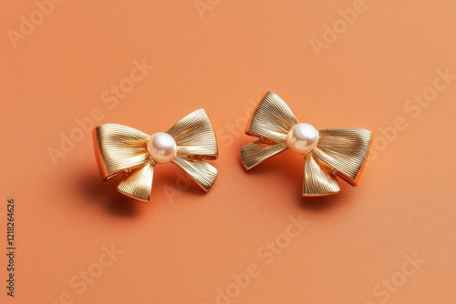 Gold bow earrings with pearls on orange background. (1) photo