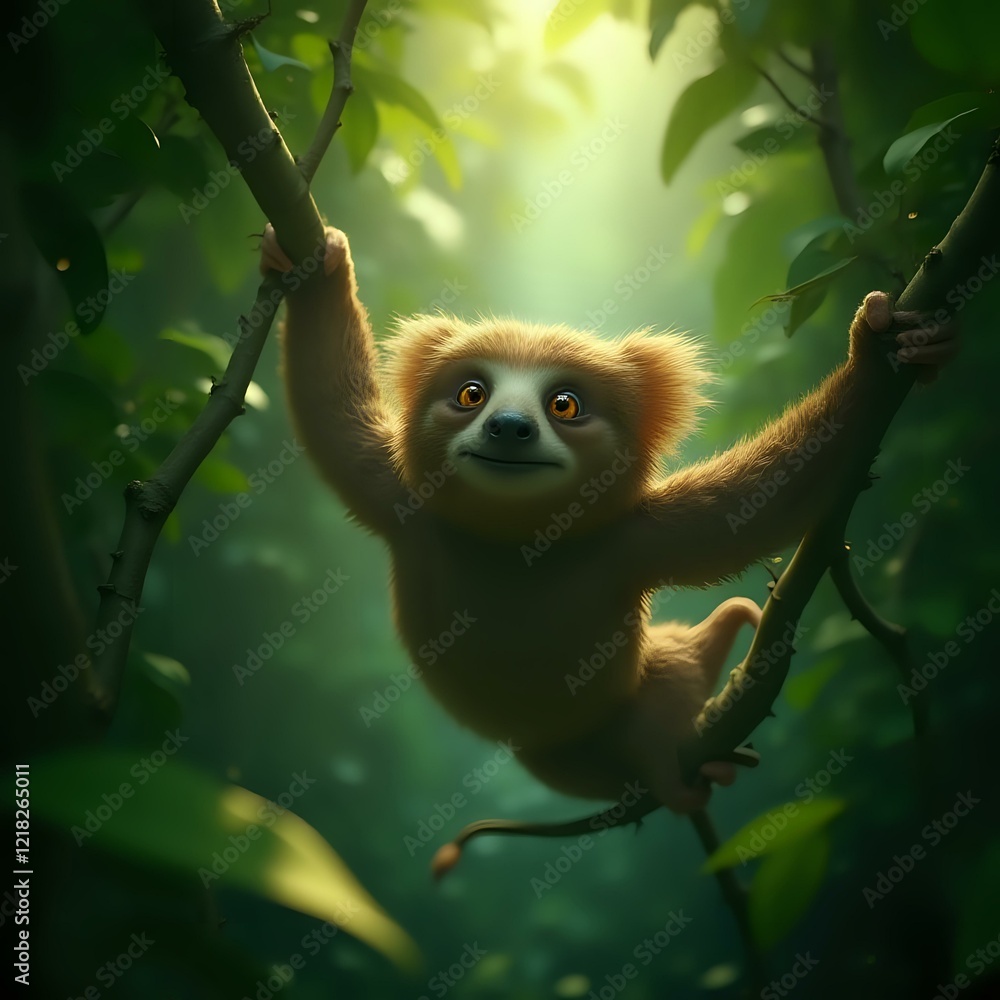 Fototapeta premium The image captures a charming sloth hanging from a tree branch in a lush, green jungle setting, with the creature's face and upper body prominently featured.