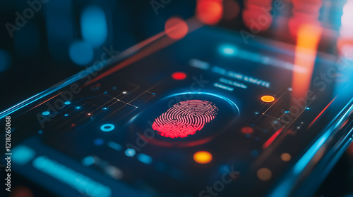 close up of smartphone screen displaying fingerprint authentication interface, illuminated by vibrant blue and red lights, highlighting concept of digital security and privacy