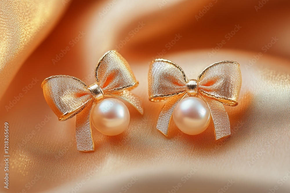 Naklejka premium Elegant pearl earrings with bow design on silk.
