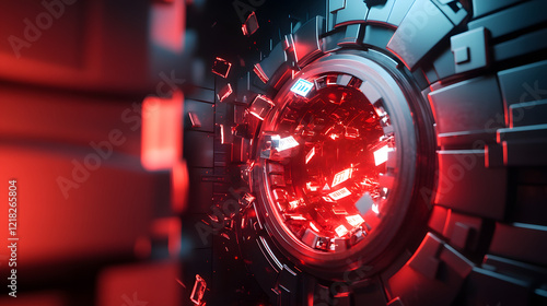 futuristic digital vault with glowing red elements and data breach notifications. scene conveys sense of high tech security and potential vulnerability