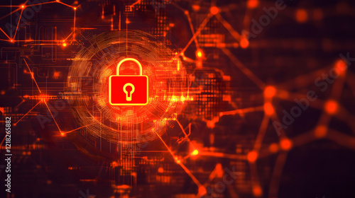 glowing red padlock symbolizes cybersecurity digital network, highlighting data protection and secure connections. abstract background features interconnected lines and nodes, representing digital