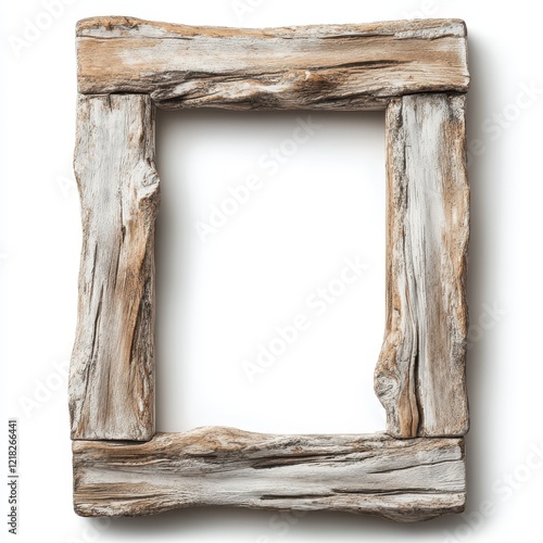 Rustic Driftwood Frame, Blank, Isolated White Background.