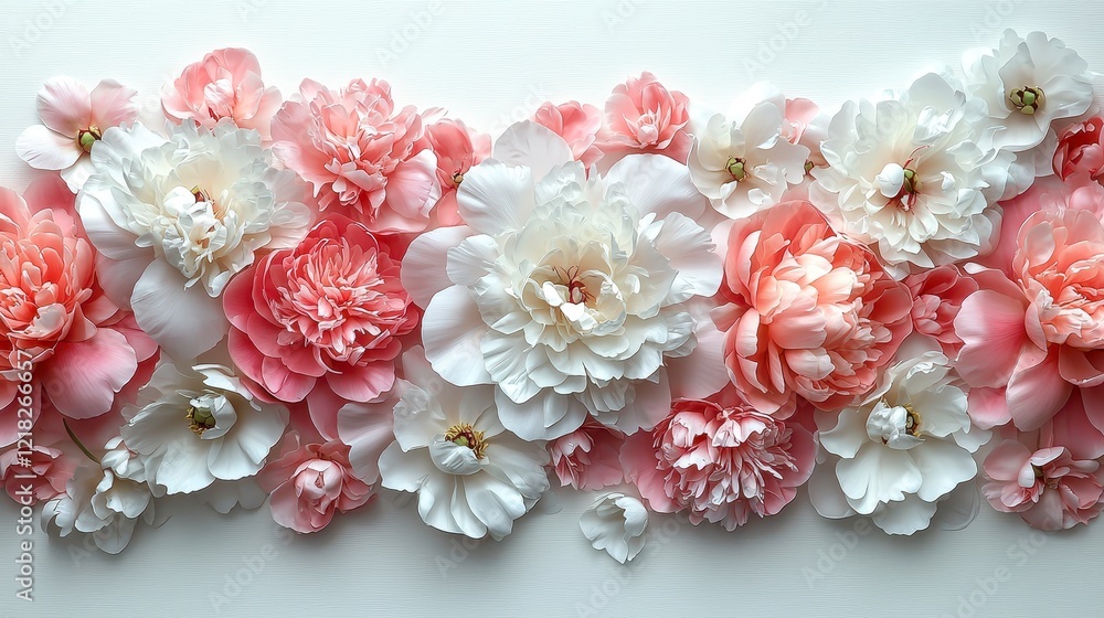 Pink and white peonies border, floral arrangement, flat lay, white background, wedding invitation design Pink and white peonies border, floral arrangement, flat lay, white background, wedding invitation design