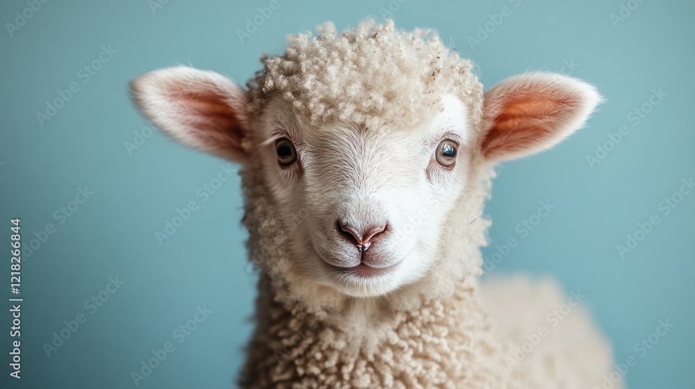 Fototapeta premium Adorable fluffy lamb looking directly at the camera against a light blue background.