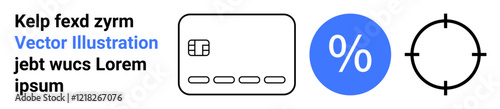 Credit card outline, blue percentage symbol, and black target circle near dummy text elements. Ideal for finance, discounts, precision, marketing, e-commerce, banking advertisements and analytics