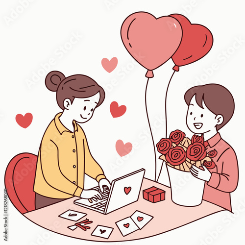 Valentine day girl and boy working