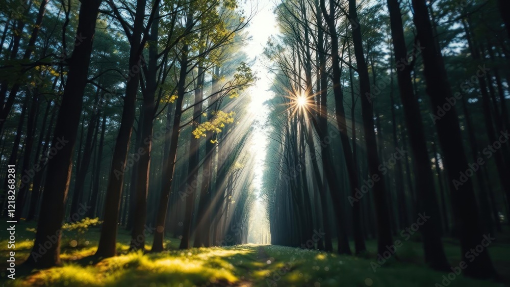 Fototapeta premium Sunbeams Through Forest Path: A Mystical Morning