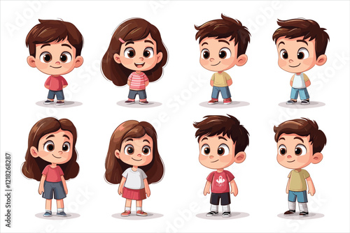 Set of little boy and girl character in different poses isolated on a white background, Flat style cartoon vector illustration