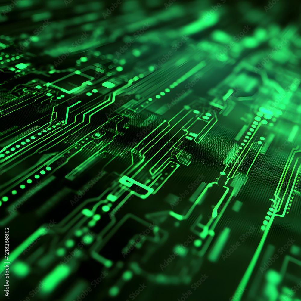Futuristic Green Circuit Board with Glowing Tracks and Details Futuristic Green Circuit Board with Glowing Tracks and Details