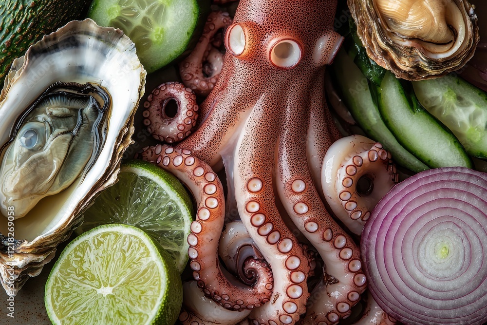 Obraz premium Fresh Octopus Oyster and Cucumber Salad with Lime and Red Onion