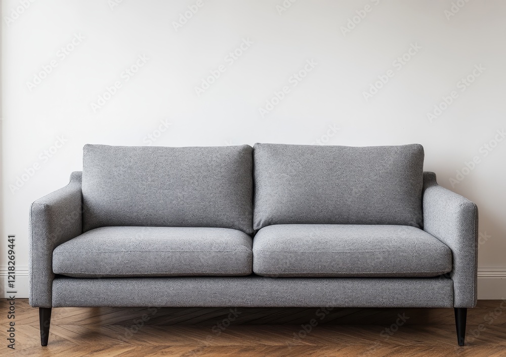 Fototapeta premium Gray fabric sofa against a white wall in a modern living room.