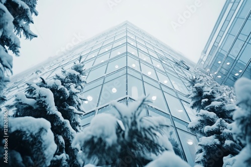 Low angle view of snow-covered evergreens framing a modern glass building in winter.