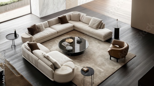 Modern sectional sofa and coffee table in a luxury living room, ideal for interior design or furniture catalog photo