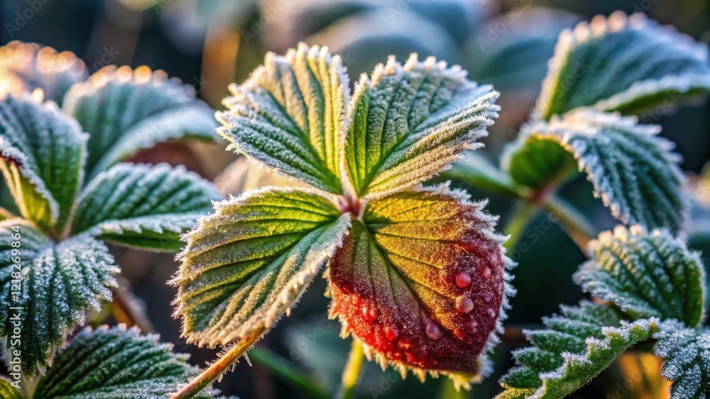 A frosty morning's delicate embrace on vibrant, dew-kissed foliage, showcasing nature's resilience and beauty in the cold A frosty morning's delicate embrace on vibrant, dew-kissed foliage, showcasing nature's resilience and beauty in the cold
