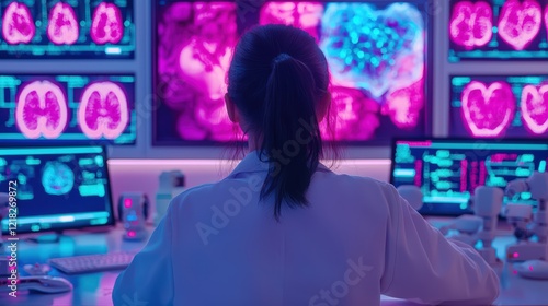 A scientist analyzes brain scans on multiple screens, illuminated in vibrant colors, showcasing advanced technology in medical research, laboratory equipment.