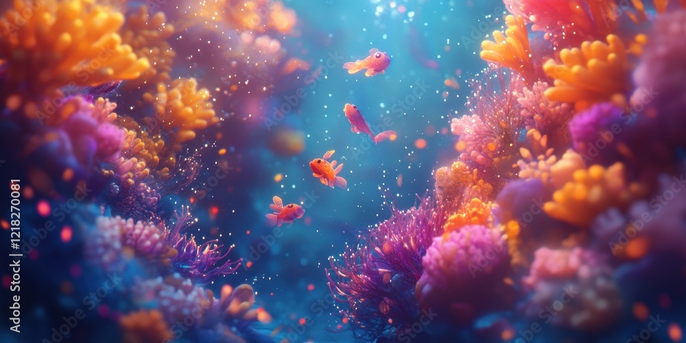 Obraz premium Vibrant Coral Reef With Small Orange Fish Swimming