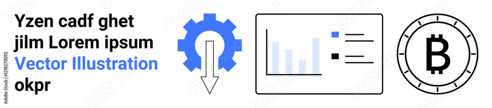 Text block with random text, gear symbol with down arrow, bar graph and data points, Bitcoin logo. Ideal for fintech, blockchain, data analysis, cryptocurrency, technology, digital financial tools Text block with random text, gear symbol with down arrow, bar graph and data points, Bitcoin logo. Ideal for fintech, blockchain, data analysis, cryptocurrency, technology, digital financial tools