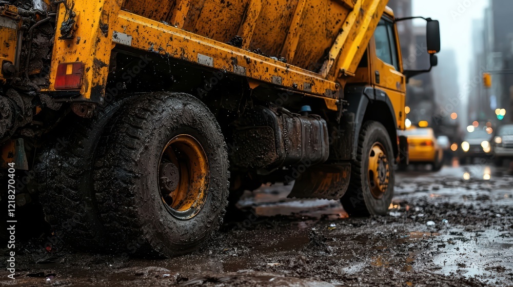 Obraz premium A yellow dump truck, covered in mud, stands on a wet city street, showcasing urban grit and industrial life.