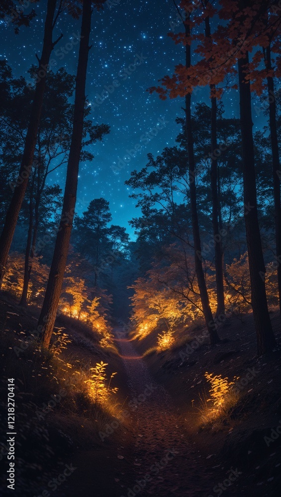 Fototapeta premium Enchanted forest glowing under starlight on anime background