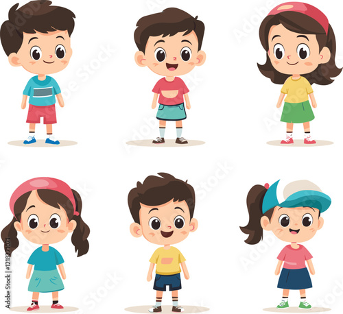 Set of little boy and girl character in different poses isolated on a white background, Flat style cartoon vector illustration