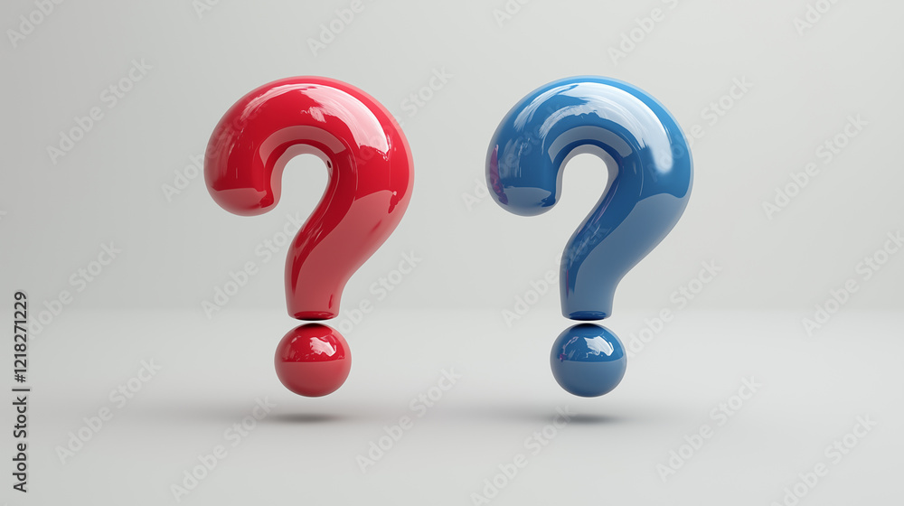 Glossy red and blue question marks on a neutral background, representing inquiry and curiosity in a modern style Glossy red and blue question marks on a neutral background, representing inquiry and curiosity in a modern style
