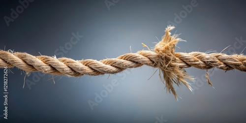 A frayed rope with a visible thread of fabric unraveling from the end, its fibers stretching towards the break point , mechanical failure, weakening