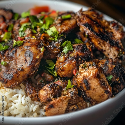 Close-up of a rice bowl with Caribbean jerk chicken and rice. Featuring a spicy and flavorful dish. Highlighting the texture and spices of the jerk chicken. Ideal for food and cultural themes. photo