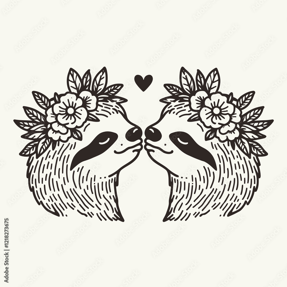 Obraz premium Two sloths with floral crowns gaze at each other affectionately, surrounded by plants and a heart symbol, conveying a sense of love and tranquility.