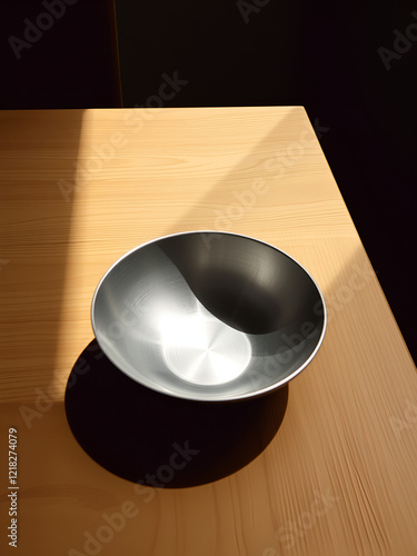 A minimalist metal bowl sits on a wooden tabletop, bathed in natural daylight; the image emphasizes simplicity, tranquility, and the beauty of ordinary objects. photo