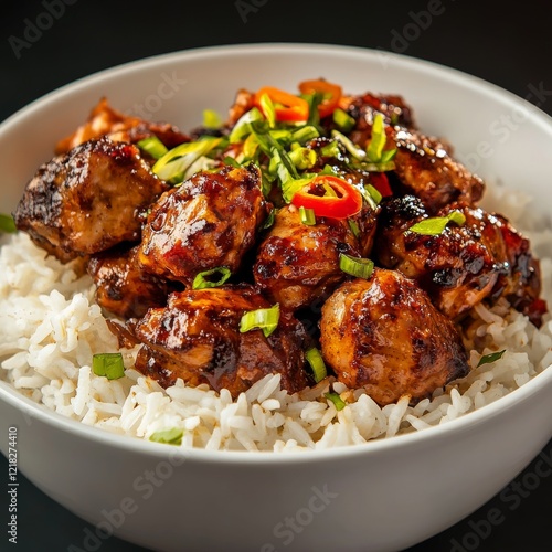 Close-up of a rice bowl with Caribbean jerk chicken and rice. Featuring a spicy and flavorful dish. Highlighting the texture and spices of the jerk chicken. Ideal for food and cultural themes. photo