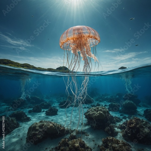 A jellyfish in a surreal underwater landscape with floating islands.