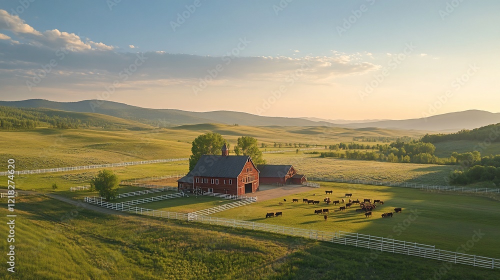 Fototapeta premium Serene Ranch Sunrise: Cattle Grazing Peaceful Montana Landscape