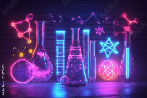 Science-related symbols with glowing highlights, featuring icons like test tubes, atoms, and DNA strands, rendered in a sleek, futuristic design with a neon color scheme photo