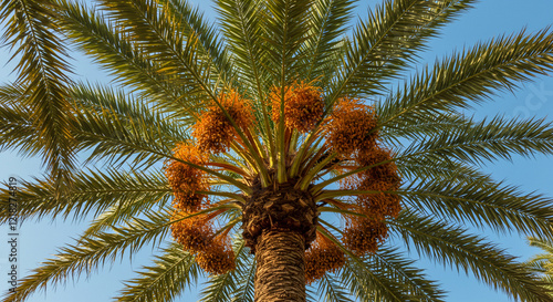 A vibrant image capturing the beauty of a date palm tree in full bloom, with clusters of ripe dates hanging from its branches